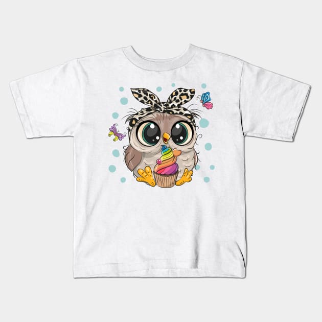 Cute owl with cupcake Kids T-Shirt by Reginast777